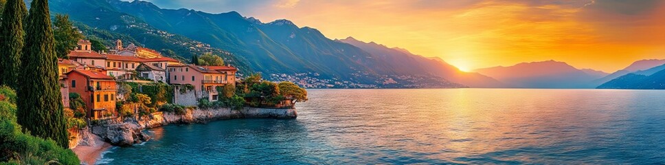 Fototapeta premium Panoramic View of Colorful Sunset Over the Sea with Mountains in the Background, AI generated illustration