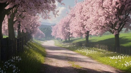 Serene path lined with blossoming cherry trees, soft sunlight illuminating a picturesque countryside scene.