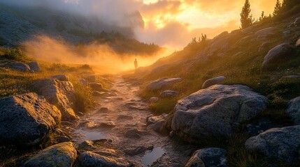 Rocky mountain path with mist and golden sunrise light, featuring a woman in the distance. AI generated illustration