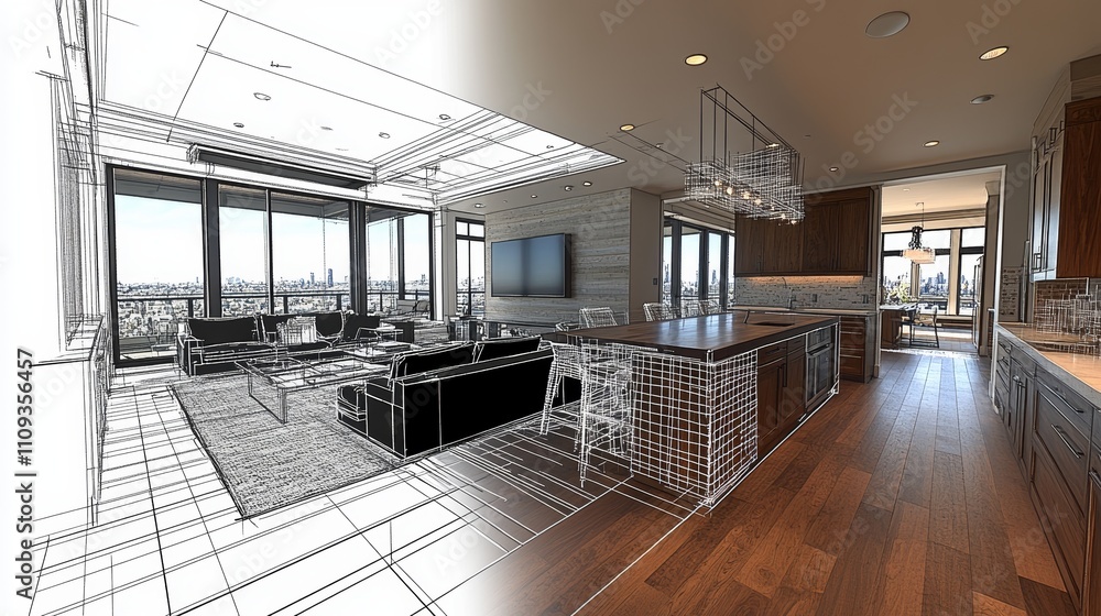 Aufkleber explore a modern kitchen design showcasing realistic elements transitioning into a 3d wireframe