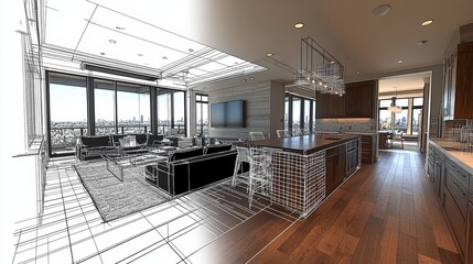 Explore a modern kitchen design showcasing realistic elements transitioning into a 3D wireframe
