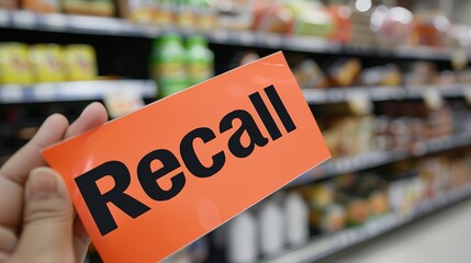 Hand holding a "Recall" sticker on a packaged food item, highlighting the importance of food safety and consumer protection in product management.