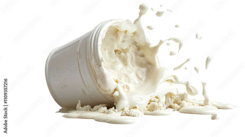 Poster a spilled container of creamy substance, splattering in various directions, highlighting its smooth 