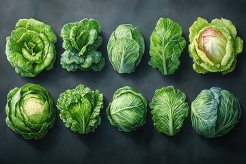 Fototapeta premium A variety of fresh green cabbages and lettuce arranged neatly on a dark background.