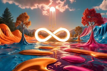 A World of Color: A Surreal Scene of Paint-Dipped Landscapes and a Golden Infinity Symbol
