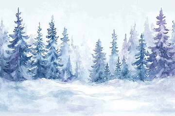 Watercolor winter landscape with snowy fir trees.
