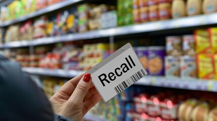 Hand holding a "Recall" sticker on a packaged food item, highlighting the importance of food safety and consumer protection in product management.