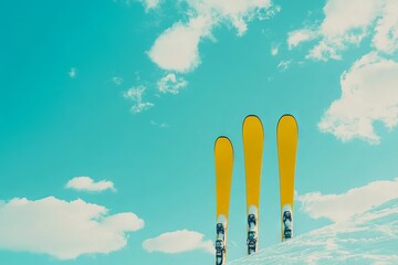 Yellow ski equipment on a snow-covered mountain with alpine views and a vintage filter. AI generated illustration