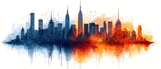 A stunning watercolor skyline illustration of a city at dusk, featuring iconic skyscrapers silhouetted against vibrant orange and blue hues, conveying a dynamic urban atmosphere.