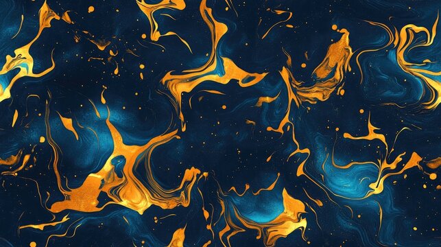 Seamless pattern of blue and golden liquid texture with watercolor marbling design ideal for abstract backgrounds