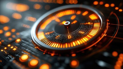 A futuristic, glowing gauge with orange accents, set against a dark background, showcasing digital elements and technology.