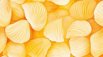 Seamless watercolor pattern of large gnocchi pieces in yellow and beige resembling waves and shells ideal for culinary themed designs