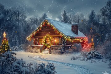 Fototapeta premium A cozy cabin adorned with festive lights in a snowy winter landscape.