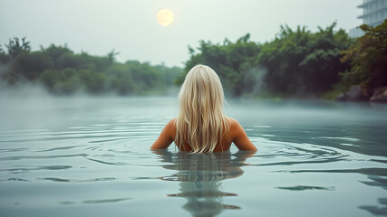 Fototapeta premium Beautiful woman in hot tub on the background of the sun.
