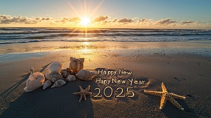 A serene beach at sunrise with "Happy New Year 2025" etched in the sand, surrounded by seashells and starfish.