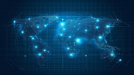 Obraz premium A digital rendering of a glowing abstract world map with interconnected nodes and vibrant lines, emphasizing global communication and advanced technological systems. AI generated.