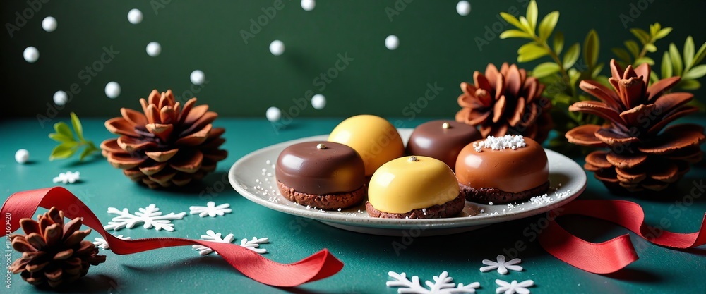 Poster a plate of assorted cookies is set on a green table with pine cones and snowflakes. the cookies are 