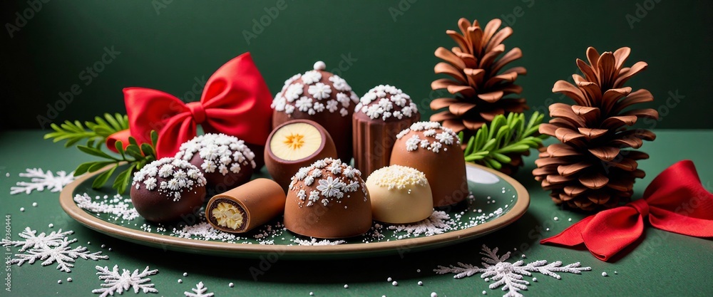 Poster a plate of assorted cookies is set on a green table with pine cones and snowflakes. the cookies are 