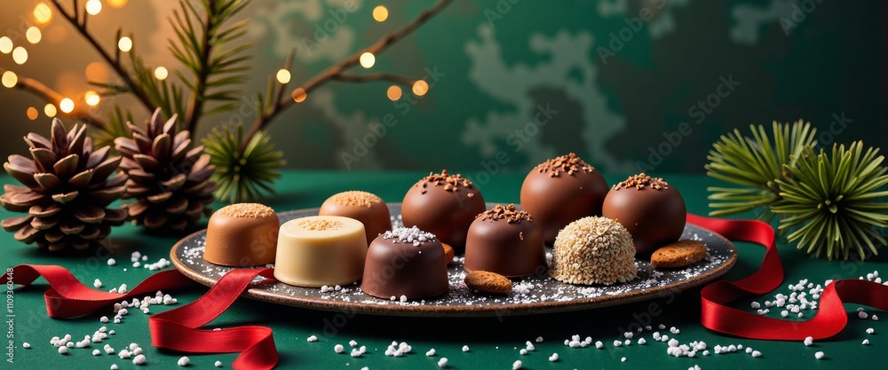 Poster A plate of assorted cookies is displayed on a green table with pine cones and red ribbon. The cookies are arranged in a way that they look like they are sitting on top of the pine cones