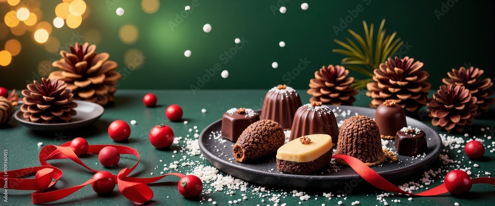 Poster A plate of assorted cookies is displayed on a green table with pine cones and red ribbon. The cookies are arranged in a way that they look like they are sitting on top of the pine cones