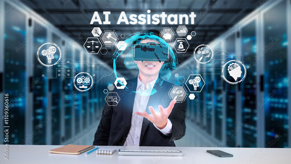 Poster business man with goggles working while using ai technology. project manager with formal suit checki