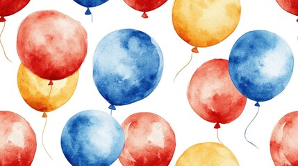 Colorful seamless pattern of red blue and yellow watercolor balloons ideal for festive decorations and celebrations
