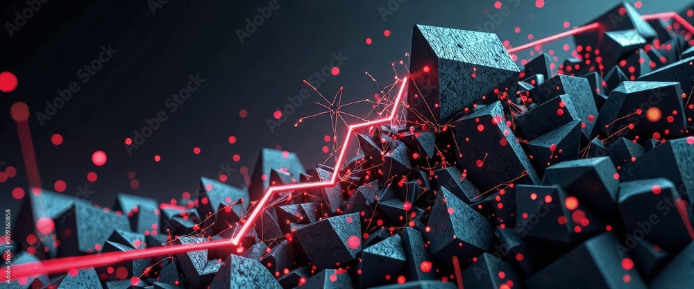 Poster a graphic of a red line that is going through a pile of black cubes. the cubes are scattered all ove