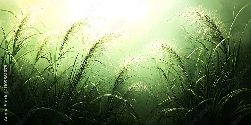 Poster a lush field of tall green grass gently swaying in the breeze, illuminated by soft sunlight filterin