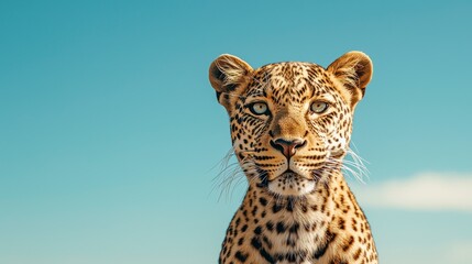 Naklejka premium Leopard looking at the camera with a blue sky background