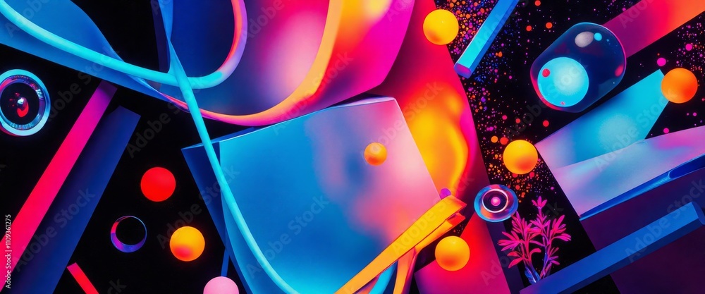 Poster a colorful abstract design with a blue and orange line. the design is made up of squares and triangl