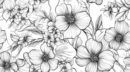 Seamless floral pattern featuring hand drawn flowers and leaves with decorative elements and doodle style contours perfect for textile design and home decor
