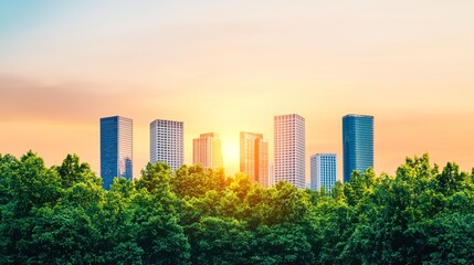 Sunset view of modern city skyline with lush green trees in foreground, creating a stunning urban nature contrast.