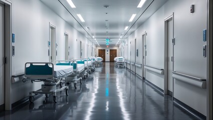 Fototapeta premium A spacious hospital corridor lined with unoccupied beds and lights.