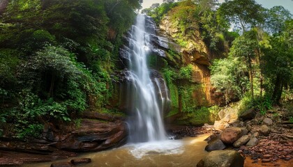 Fototapeta premium The Hidden Ekom Waterfall: A Majestic Cascade in Cameroon’s Rainforest