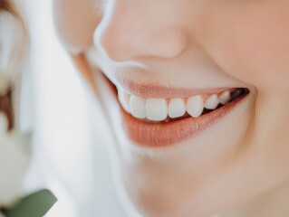 Obraz premium Refined Grace Concept. A close-up of a woman's smile, highlighting her healthy teeth and soft lips, with a hint of flowers in the background.