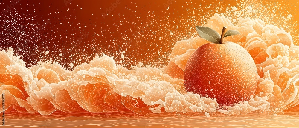 Poster a fresh orange surrounded by vibrant, splashing waves, creating a dynamic and refreshing scene that 
