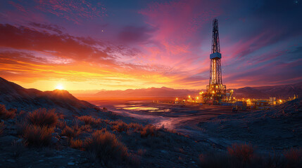 stunning oil drilling rig stands tall against vibrant sunrise in remote desert landscape, showcasing beauty of nature and industry in harmony