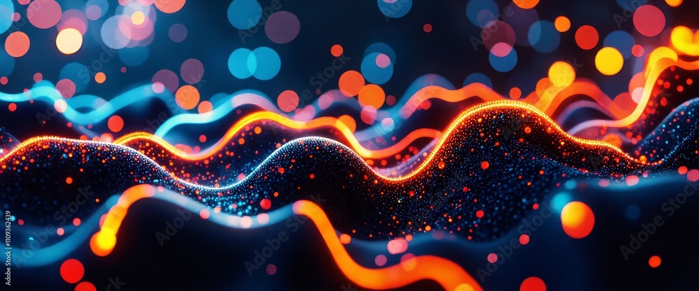 Poster a colorful, abstract image of a wave with orange and blue lines. the image has a dreamy, surreal qua