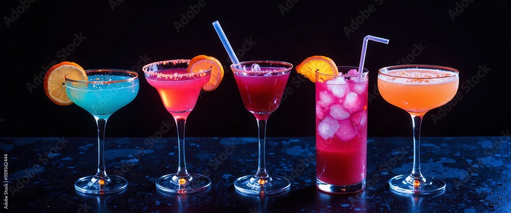 Poster a row of colorful drinks in glasses with straws in them. the drinks are in a row and are of differen