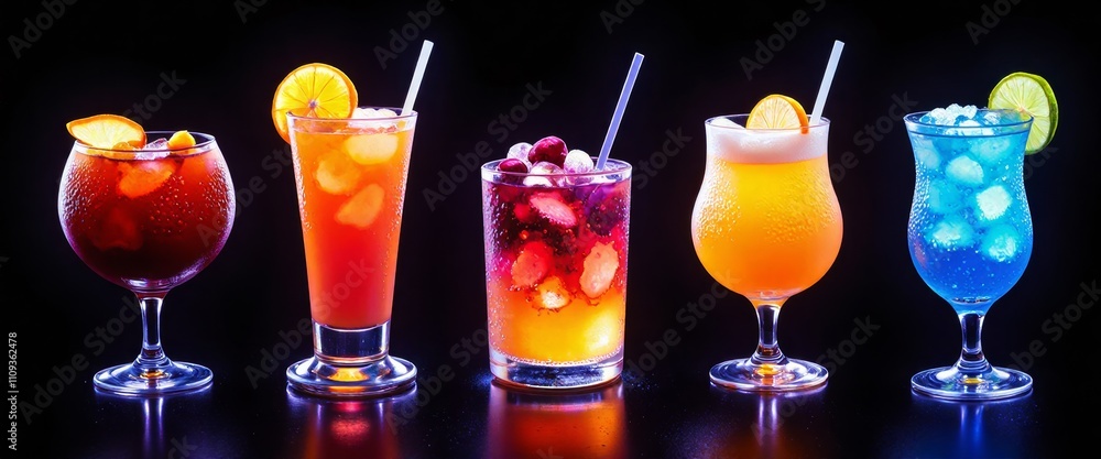 Poster a row of colorful drinks in glasses with straws in them. the drinks are in a row and are of differen