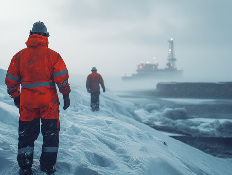 Workers in safety gear walking on snow covered terrain near oil drilling site. scene captures harsh weather conditions and industrial environment, emphasizing challenges faced in such remote