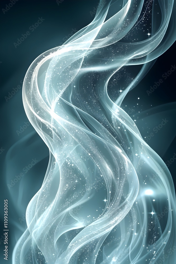 Poster an ethereal swirl of translucent blue smoke, intertwining gracefully and shimmering with sparkling p