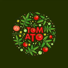 Vector drawing of tomato plant in circle. Isolated flowers, leaves and fruits. Detailed botanical sketch for label, organic cosmetics, medicine, tomato paste.