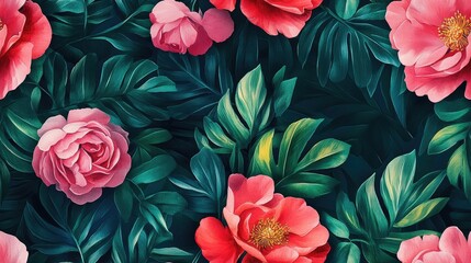 Seamless watercolor pattern of blooming roses and peonies with leaves ideal for exotic swimwear designs summer floral backdrop