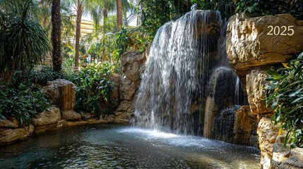 A sparkling waterfall cascading into a pool, with the written text "2025" visible in the mist rising from the water.