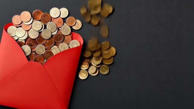 Chinese Newyear Themed, Red Envelope Filled with Coins Symbol of Wealth, Money, and Prosperity