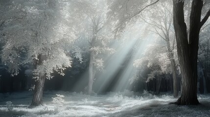 Obraz premium Sunbeams pierce misty forest, ethereal light.