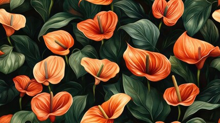 Seamless pattern of vibrant orange Anthurium flowers and elegant Calla lilies depicting tropical vegetation in a watercolor botanical illustration