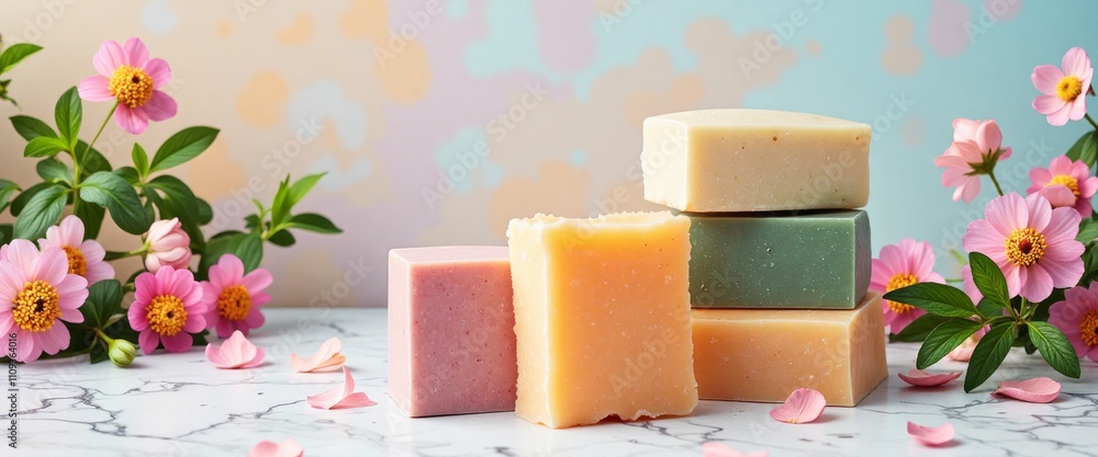 Poster a stack of colorful soaps are displayed on a table next to a vase of flowers. the soaps are arranged