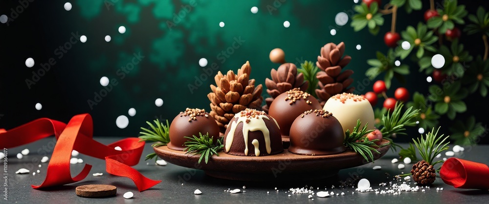 Poster a plate of assorted cookies is displayed on a green table with pine cones and red ribbon. the cookie